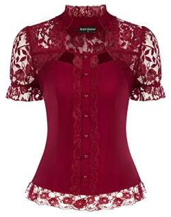 Damen Steampunk Spitzen Shirt Kurzarm Renaissance Spitzenshirt für Party Rotwein XL von SCARLET DARKNESS