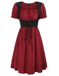 Damen Vintage A-Linien-Kleid Hohe Taille mit Gürtel Design Cocktailkleid Retro Rüschenkleid M Rotwein von SCARLET DARKNESS