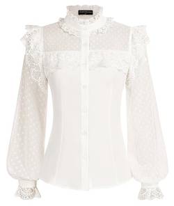 Damen Vintage Bluse Mesh Patchwork Shirts Langarm Spitzen Elegant Party Trachtenbluse Weiß M von SCARLET DARKNESS