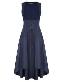Damen Vintage Kleid U-Ausschnitt A-Linie High-Low Lace-up vorne Ärmellos Langes Party Westenkleid Dunkelblau XL von SCARLET DARKNESS