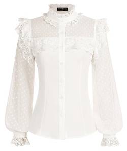 SCARLET DARKNESS Damen Elegante Bluse Spitzen Mesh Patchwork Laternenärmel Sommer Vintage Oberteile Weiß XL von SCARLET DARKNESS