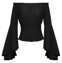 SCARLET DARKNESS Damen Gothic Wikinger Kostüm Korsett Gesmokte Taille mit Spitze Carmenbluse Schwarz M von SCARLET DARKNESS