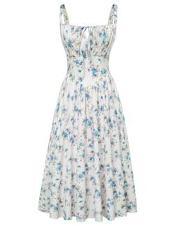 SCARLET DARKNESS Damen Renaissance Maxikleid Vintage Sommer mit schnürung Gesmokt Blumenkleid Weiß-Blau Blumen XL von SCARLET DARKNESS
