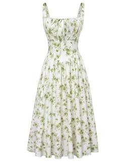 SCARLET DARKNESS Damen Renaissance Maxikleid Vintage Sommer mit schnürung Gesmokt Blumenkleid Weiß-Grün Blumen XL von SCARLET DARKNESS