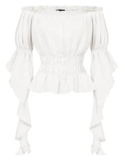 SCARLET DARKNESS Damen Renaissance Tops Schulterfrei Elastische Taille Rüschensaum Viktorianische Bluse Weiß L von SCARLET DARKNESS