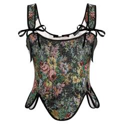 SCARLET DARKNESS Damen Viktorianische Cottagecore Vest Elegant Floral Print Mit Träger Fairycore Top Schwarze Bunte Blume 44 von SCARLET DARKNESS