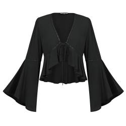 SCARLET DARKNESS Damen Vintage Tops Glockenärmel High Low Lace-up Festlich Hochzeit Cardigan Schwarz XL von SCARLET DARKNESS