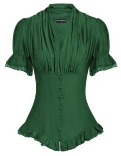 SCARLET DARKNESS Gothic Bluse Damen Kurzarm V-Ausschnitt mit Rüschen Tunika Mittelalter Bluse XL Gras-Grün#7S20 von SCARLET DARKNESS