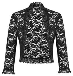 SCARLET DARKNESS Viktorianische Damen Bolerojacke Stehkragen mit Spitzen Shrug Vorne Offen Cardigan Festlicher Bolero XXL Schwarz von SCARLET DARKNESS