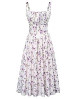 SCARLET DARKNESS Viktorianische Damen Corsagenkleid Hohe Taille mit Taschen Floral Fairy Dress Weiß-Violett Blumen S von SCARLET DARKNESS