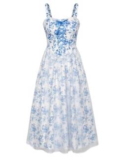 Scarlet Darkness Damen Cottagecore Kleid Sommer Schnürung Spaghettiträger Sommerkleid Viktorianisches Kleid, Blau floral, Mittel von SCARLET DARKNESS
