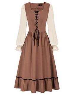 Scarlet Darkness Damen Midikleid Langarm Bescheidenes Kleid Quadratischer Ausschnitt Bauernkleid Renaissance Kleid, Braun, X-Groß von SCARLET DARKNESS