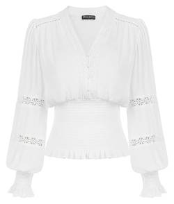 Scarlet Darkness Damen Renaissance Bauer Bluse V Ausschnitt Laterne Ärmel Spitze Gesmokte Tops, Weiss/opulenter Garten, Groß von SCARLET DARKNESS