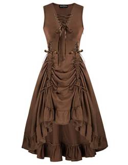 Scarlet Darkness Damen Steampunk Gothic Kleid Schnürung Rüschen Ärmellos Hoch Niedrig Kleid, Braun, XX-Large von SCARLET DARKNESS