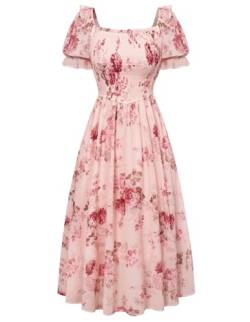 Scarlet Darkness Damen Viktorianisches Cottagecore Kleid Vintage Floral Kurzarm Gerafft Quadratischer Ausschnitt Maxikleid, Blumenmuster in Pink, Klein von SCARLET DARKNESS