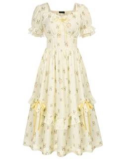 Scarlet Darkness Frauen viktorianischen Cottagecore Kleid Vintage Floral Puffärmel Rüschen Stufenkleid, Gelb mit Blumenmuster, Groß von SCARLET DARKNESS