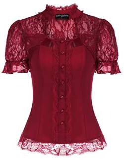 Scarlet Darkness Viktorianische Tops Kurzarm Hemden Stehkragen Bluse, Rot/Ausflug, einfarbig (Getaway Solids), XX-Large von SCARLET DARKNESS