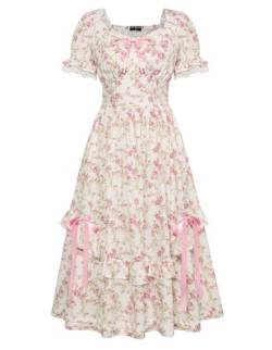 Scarlet Darkness Viktorianisches Cottagecore-Kleid für Damen, Vintage, Blumenmuster, Puffärmel, gerüscht, gestuftes Kleid, Weiß/Rosa Blumenmuster, XX-Large von SCARLET DARKNESS