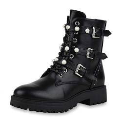 SCARPE VITA Damen Stiefeletten Leder-Optik Plateau Boots Zierperlen Nieten Schuhe Knöchelhohe Stiefel 154034 Schwarz Schwarz Black 36 von SCARPE VITA