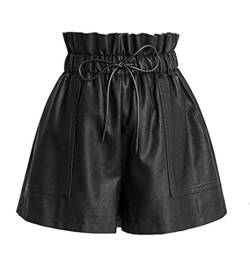 SCHHJZPJ Hohe Taille, weites Bein, Schwarze Kunstleder-Shorts für Damen, Schwarz, Klein von SCHHJZPJ