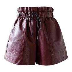 SCHHJZPJ Hohe Taille, weites Bein, schwarze Kunstleder-Shorts für Damen, Weinrot, Klein von SCHHJZPJ