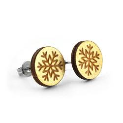 SCHMUCKZUCKER Damen Edelstahl Holz Ohrstecker Motiv Schneeflocke Weihnachtsohrringe Silber 12mm Gold von SCHMUCKZUCKER