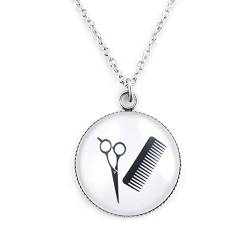 SCHMUCKZUCKER Damen Edelstahl Kette mit Anhänger Friseur - Kamm Schere Halskette Silber Schwarz Weiss Großer Anhänger (25mm) - Lange Kette (70cm) von SCHMUCKZUCKER