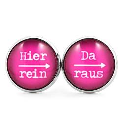 SCHMUCKZUCKER Damen Herren Unisex Ohrstecker mit Spruch Hier rein - da raus Lustige Edelstahl Ohrringe Silber Pink 14mm von SCHMUCKZUCKER