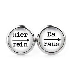 SCHMUCKZUCKER Damen Herren Unisex Ohrstecker mit Spruch Hier rein - da raus Lustige Edelstahl Ohrringe Silber Weiß 12mm von SCHMUCKZUCKER