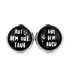 SCHMUCKZUCKER Damen Herren Unixex Ohrstecker Spruch Motiv Auf dem Ohr taub Witzige Edelstahl Ohrringe Silber Schmuck Damen Schwarz 12mm von SCHMUCKZUCKER