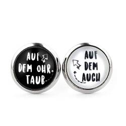 SCHMUCKZUCKER Damen Herren Unixex Ohrstecker Spruch Motiv Auf dem Ohr taub Witzige Edelstahl Ohrringe Silber Schmuck Damen Schwarz & Weiß 12mm von SCHMUCKZUCKER