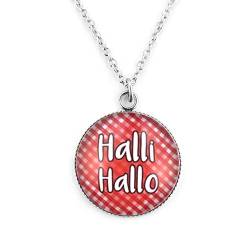 SCHMUCKZUCKER Damen Kette mit Anhänger Spruch Motiv Halli Hallo Edelstahl Silber-Farben rot Weiss kariert Großer Anhänger (25mm) - Lange Kette (70cm) von SCHMUCKZUCKER