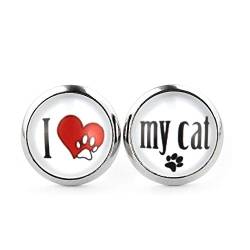 SCHMUCKZUCKER Damen Mädchen Ohrringe Motiv I love my dog - my cat Edelstahl Ohrstecker Hund Katze Silber Weiß I love my Cat 12mm von SCHMUCKZUCKER