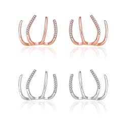 SCJJZ ohrringe damen,ohrstecker,ear cuff,Funkelnde Zirkonia-Ohrringe für Damen, Creolen mit vier Krappen, Damen (2 Paar: Roségold, Silber) von SCJJZ