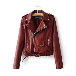 SCLDX Damen Lederjacke,Herbst Winter Casual Faux Pu Lederjacke Frauen Reißverschluss Kurzes Motorrad Kurze Jacken Lady Langarm Biker Basic Coat Tops, Rotwein, S. von SCLDX