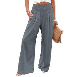 Leinenhose Damen Baumwolle Casual Leinen Leicht Freizeithose Yogahose Loose Strandhose Elastische Taille Sommerhose Mit Taschen Einfarbig Straight Weite Haremshose (Grau,L) von SCLEROPAGES