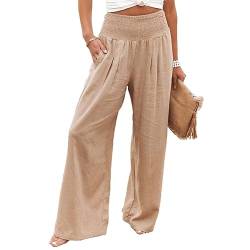 Leinenhose Damen Baumwolle Casual Leinen Leicht Freizeithose Yogahose Loose Strandhose Elastische Taille Sommerhose Mit Taschen Einfarbig Straight Weite Haremshose (Khaki,S) von SCLEROPAGES