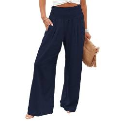 Leinenhose Damen Baumwolle Casual Leinen Leicht Freizeithose Yogahose Loose Strandhose Elastische Taille Sommerhose Mit Taschen Einfarbig Straight Weite Haremshose (Marineblau,XL) von SCLEROPAGES