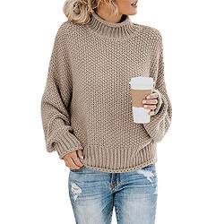 SCLEROPAGES Damen Casual Übergröße Strickpullover Rollkragenpulli Oberteile Winter Warm Stricken Sweater Tops Einfarbig Grobstrickpullover (Khaki,S) von SCLEROPAGES