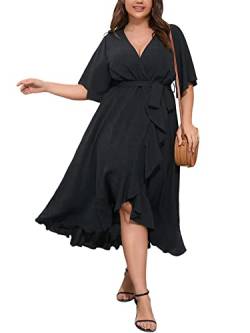 SCOMCHIC Damen Maxikleid in Übergröße, kurzärmelig, Wickel-V-Ausschnitt, hoch, niedrig, geteilt, Rüschen, langes Kleid, Schwarz, 4XL von SCOMCHIC