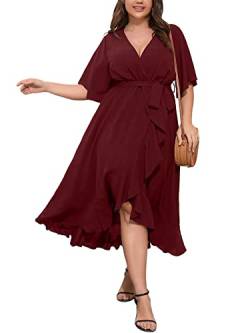 SCOMCHIC Frauen Plus Size Maxikleid Kurzarm Wrap V-Ausschnitt Hoch Niedrig Split Rüschen Langes Kleid, Burgunder, X-Large Mehr von SCOMCHIC