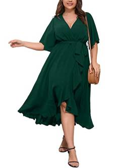 SCOMCHIC Frauen Plus Size Maxikleid Kurzarm Wrap V-Ausschnitt Hoch Niedrig Split Rüschen Langes Kleid, Smaragdrün, 4XL von SCOMCHIC