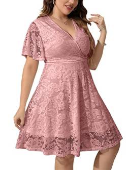 SCOMCHIC Frauen Spitze Plus Größe Cocktailkleid für Hochzeitsgäste V-Ausschnitt Kurzarm Flowy A Linie Knielang Kleider, Pink, X-Large Mehr von SCOMCHIC