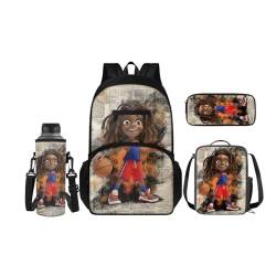 SCRAWLGOD 4-in-1 Kinder-Rucksack, Schulanfang, große Lunchbox, Federmäppchen mit Wasserflaschentasche, Sets für Mädchen und Jungen, Basketball, afrikanisches Mädchen, Cartoon, Rucksack 4er Set von SCRAWLGOD