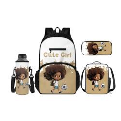 SCRAWLGOD 4-in-1 Kinder-Rucksack, Schulanfang, große Lunchbox, Federmäppchen mit Wasserflaschentasche, Sets für Mädchen und Jungen, Niedliches afrikanisches Mädchen, Cartoon, Rucksack 4er Set von SCRAWLGOD