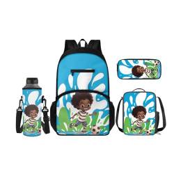 SCRAWLGOD 4-in-1 Kinder-Rucksack, Schulanfang, große Lunchbox, Federmäppchen mit Wasserflaschentasche, Sets für Mädchen und Jungen, Niedliches afrikanisches Mädchen, Cartoon, blau, Rucksack 4er Set von SCRAWLGOD