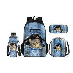 SCRAWLGOD 4-teiliges Kinder-Rucksack-Set, Schul-Büchertasche mit isolierter Lunchbox, Federmäppchen, Wasserflaschenhalter für Mädchen und Jungen, 3D-Denim-Katze von SCRAWLGOD