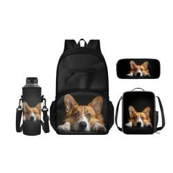 SCRAWLGOD 4-teiliges Kinder-Rucksack-Set, Schul-Büchertasche mit isolierter Lunchbox, Federmäppchen, Wasserflaschenhalter für Mädchen und Jungen, Corgi Dog von SCRAWLGOD