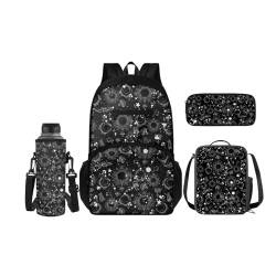 SCRAWLGOD 4-teiliges Kinder-Rucksack-Set, Schul-Büchertasche mit isolierter Lunchbox, Federmäppchen, Wasserflaschenhalter für Mädchen und Jungen, Sonne, Mond, Pilz von SCRAWLGOD