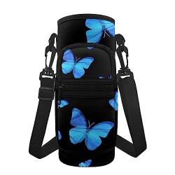 SCRAWLGOD Blau Schmetterling Muster Wasserflasche Tragetasche Tragbare Wasserflasche Sling Bag Wasserflasche Kühltasche für Wandern, Radfahren, Geeignet für Frauen von SCRAWLGOD